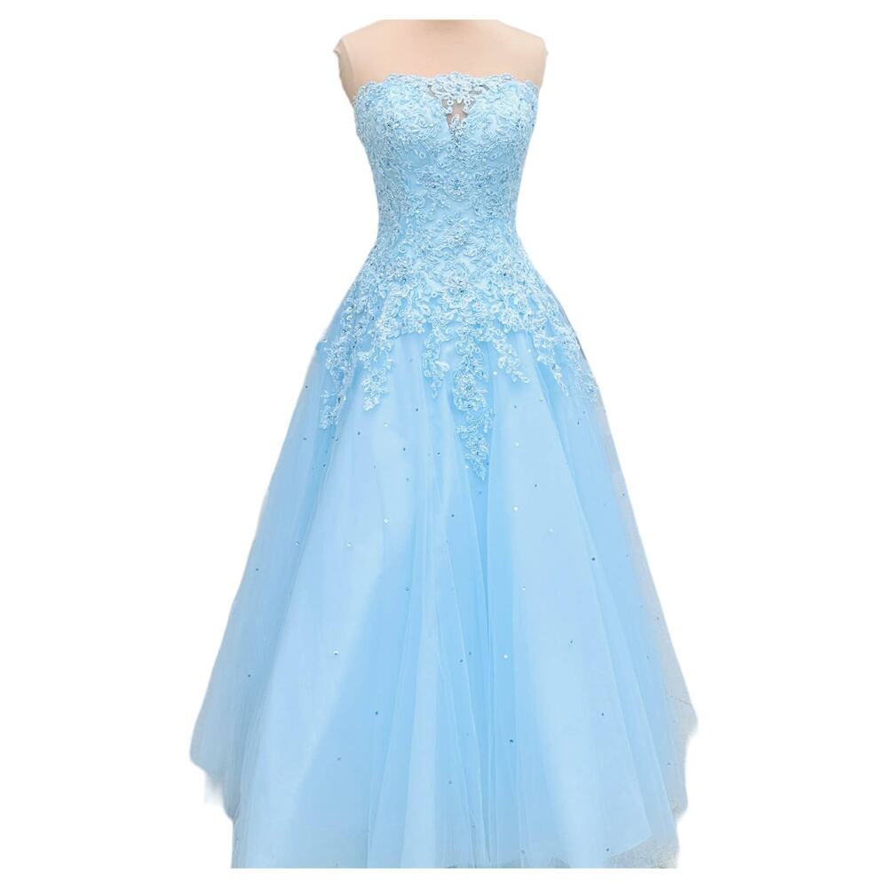 Mori Lee Blue Strapless Ballgown Rhinestone Bling Lace Corset Cinderella Sz 10